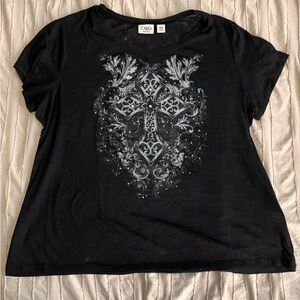 Cato Women Black Short Sleeve Top with Grey Design